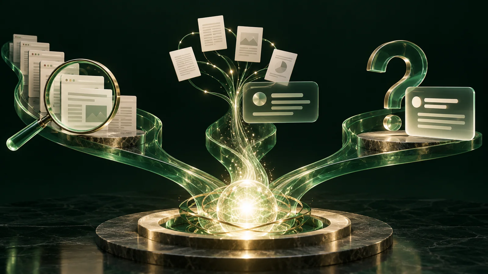 Ilustración de SEO, GEO y AEO: una lupa sobre páginas web, documentos conectados y una pregunta con su respuesta convergen en un núcleo de información.