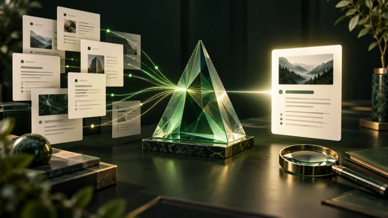 Prisma de cristal que organiza documentos conectados en una respuesta: ilustración conceptual de Generative Engine Optimization.